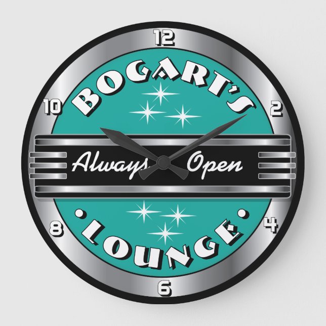 Custom Name Retro Cocktail Lounge Wall Clock- Aqua Large Clock (Front)