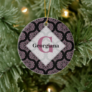 Custom Name Retro Dusky Rose Floral Fronds Mandala Ceramic Ornament