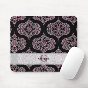 Custom Name Retro Dusky Rose Floral Fronds Mandala Mouse Pad