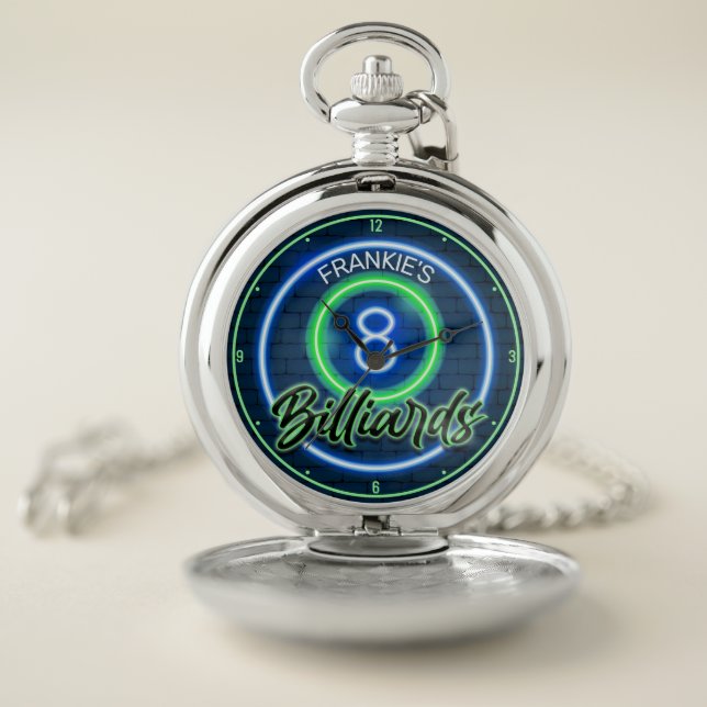 Custom NAME Retro Faux Neon 8 Ball Billiards Pool Pocket Watch (Inside)