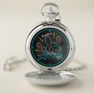 Custom NAME Retro Faux Neon Bowler Bowling Lanes Pocket Watch