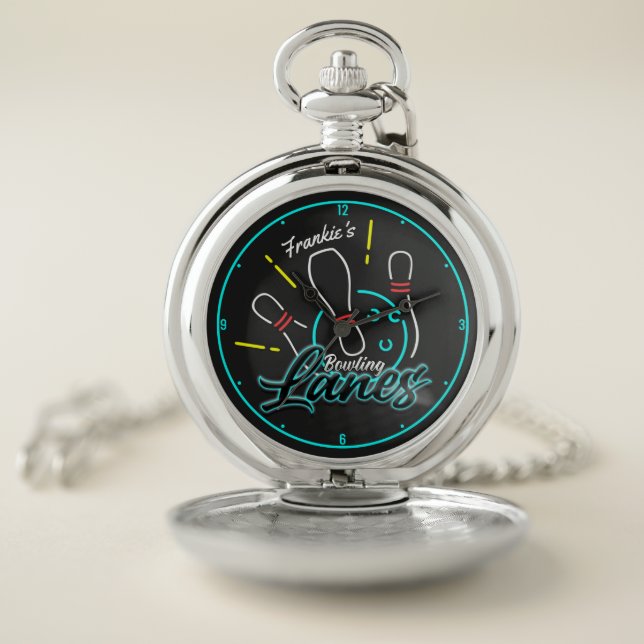 Custom NAME Retro Faux Neon Bowler Bowling Lanes Pocket Watch (Inside)