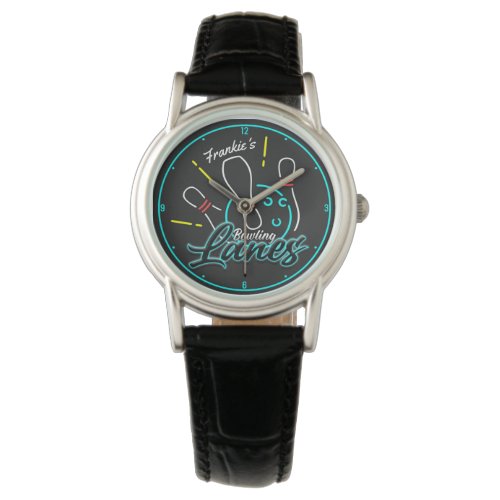 Custom NAME Retro Faux Neon Bowler Bowling Lanes Watch