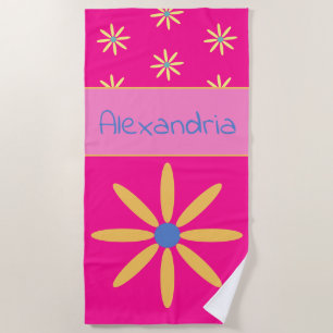 Custom Name Retro Flower Hot Pink Beach Towel