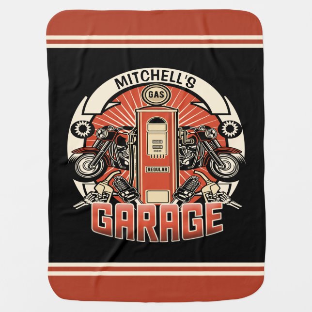 Custom NAME Retro Gas Pump Motorcycle Biker Garage Baby Blanket (Front)