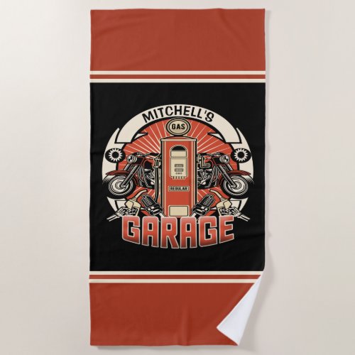 Custom NAME Retro Gas Pump Motorcycle Biker Garage Beach Towel
