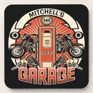 Custom NAME Retro Gas Pump Motorcycle Biker Garage Beverage Coaster