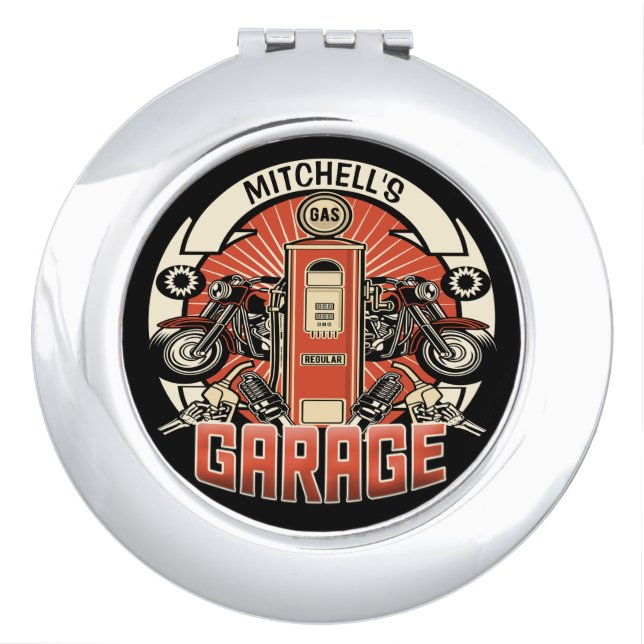 Custom NAME Retro Gas Pump Motorcycle Biker Garage Compact Mirror (Front)