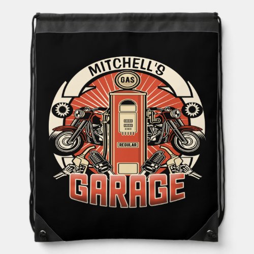 Custom NAME Retro Gas Pump Motorcycle Biker Garage Drawstring Bag