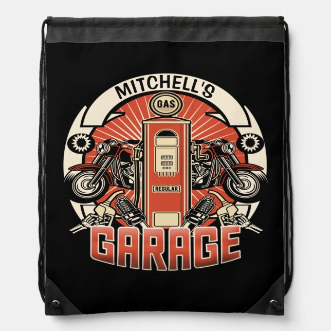 Custom NAME Retro Gas Pump Motorcycle Biker Garage Drawstring Bag (Front)