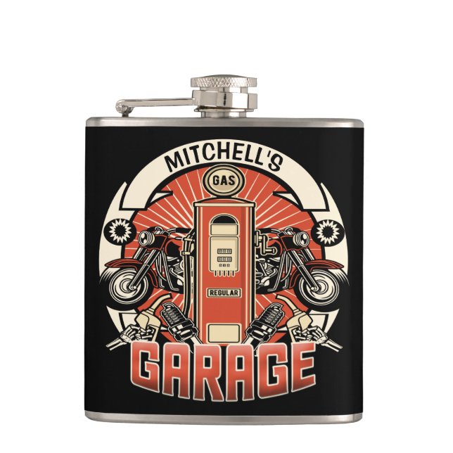Custom NAME Retro Gas Pump Motorcycle Biker Garage Flask (Front)