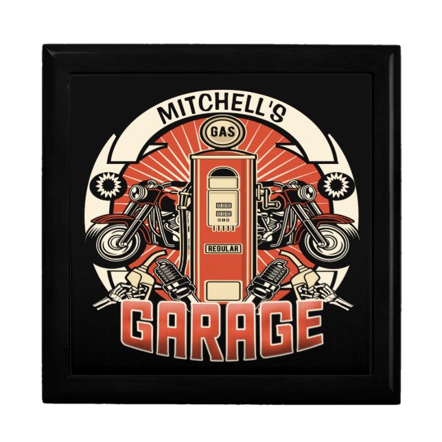 Custom NAME Retro Gas Pump Motorcycle Biker Garage Gift Box (Front)