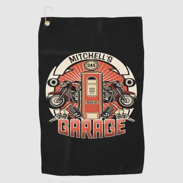 Custom NAME Retro Gas Pump Motorcycle Biker Garage Golf Towel (Front)