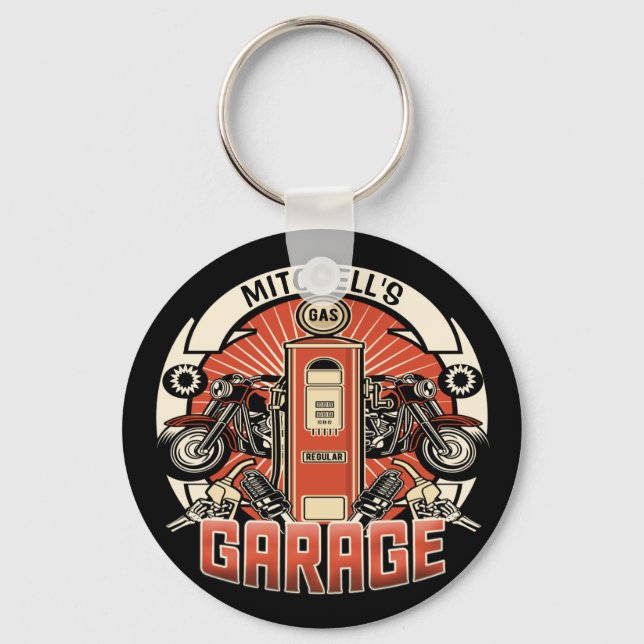 Custom NAME Retro Gas Pump Motorcycle Biker Garage Keychain (Front)