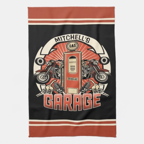 Custom NAME Retro Gas Pump Motorcycle Biker Garage Kitchen Towel