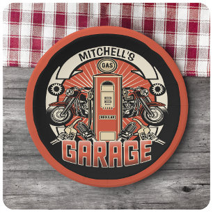 Custom NAME Retro Gas Pump Motorcycle Biker Garage Paper Plates
