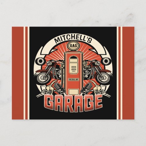 Custom NAME Retro Gas Pump Motorcycle Biker Garage Postcard