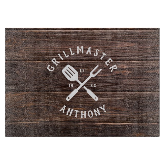 Custom Name Retro GRILLMASTER Rustic Dark Wood Cutting Board (Front)