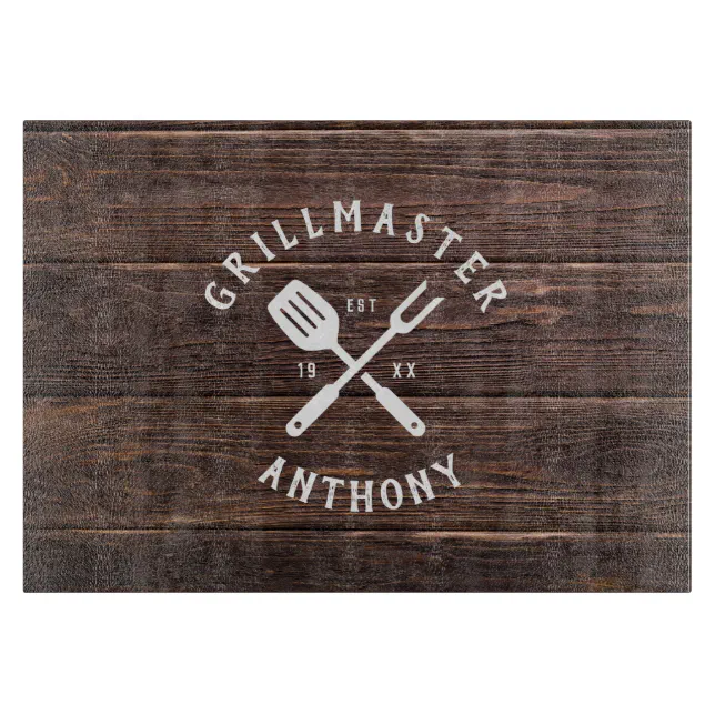 Discover Custom Name Retro GRILLMASTER Rustic Dark Wood Cutting Board