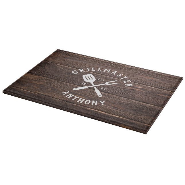 Custom Name Retro GRILLMASTER Rustic Dark Wood Cutting Board