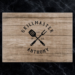 Custom Name Retro GRILLMASTER Rustic Wood Cutting Board