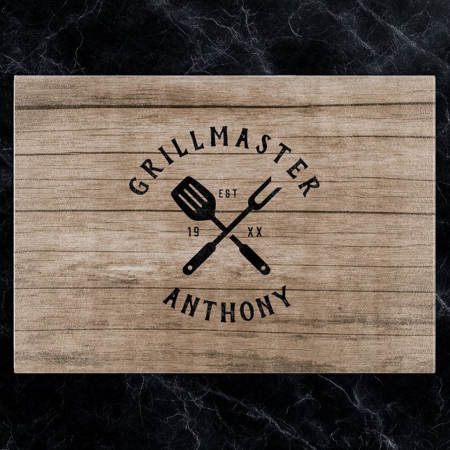 Custom Name Retro GRILLMASTER Rustic Wood Cutting Board (Creator Uploaded)