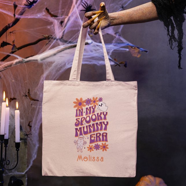 Custom Name Retro Groovy Mummy Era Halloween Tote Bag (Add Name to personalize. Happy Halloween!)