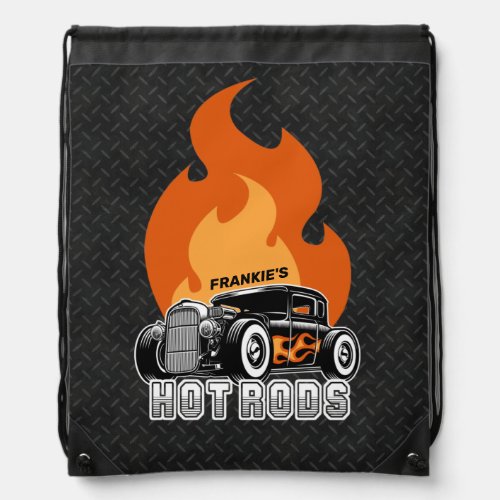 Custom NAME Retro Hot Rod Coupe Racing Hot Flames Drawstring Bag