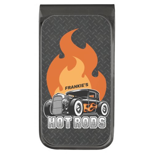 Custom NAME Retro Hot Rod Coupe Racing Hot Flames Gunmetal Finish Money Clip