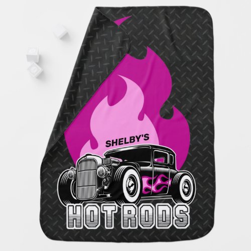 Custom NAME Retro Hot Rod Coupe Racing Pink Flames Baby Blanket