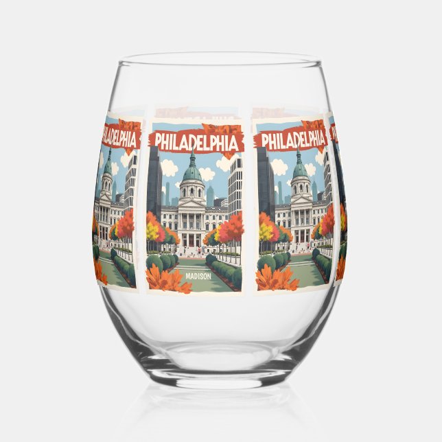 Custom Name Retro Philadelphia Stemless Wine Glass (Front)