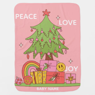 Custom Name Retro Pink Christmas Tree Baby Blanket
