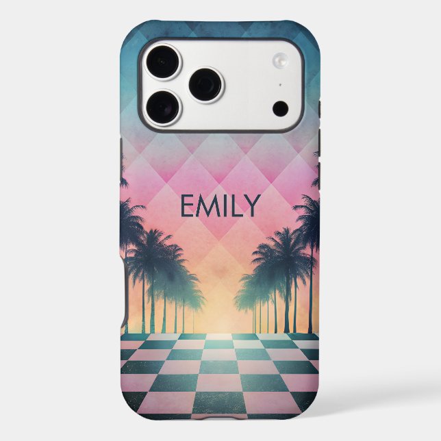 Custom Name Retro Synthwave Sunset Palm Trees Case-Mate iPhone Case (Back)