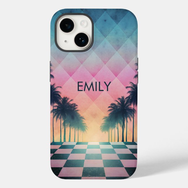 Custom Name Retro Synthwave Sunset Palm Trees Case-Mate iPhone Case (Back)