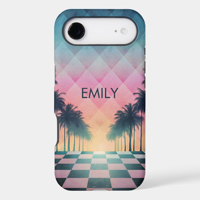 Custom Name Retro Synthwave Sunset Palm Trees Case-Mate iPhone Case (Back)