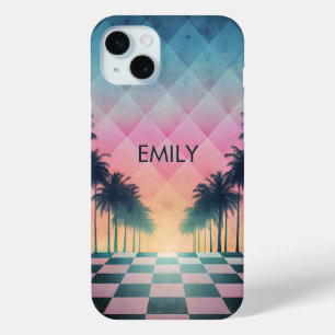 Custom Name Retro Synthwave Sunset Palm Trees iPhone 15 Plus Case