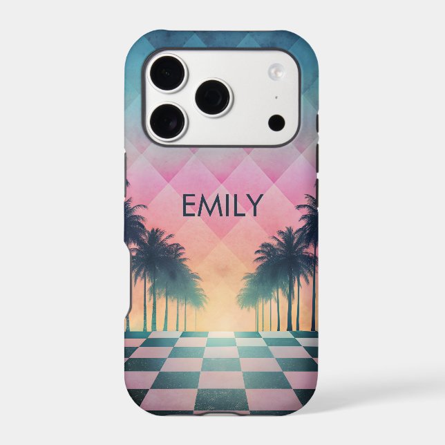 Custom Name Retro Synthwave Sunset Palm Trees Case-Mate iPhone Case (Back)