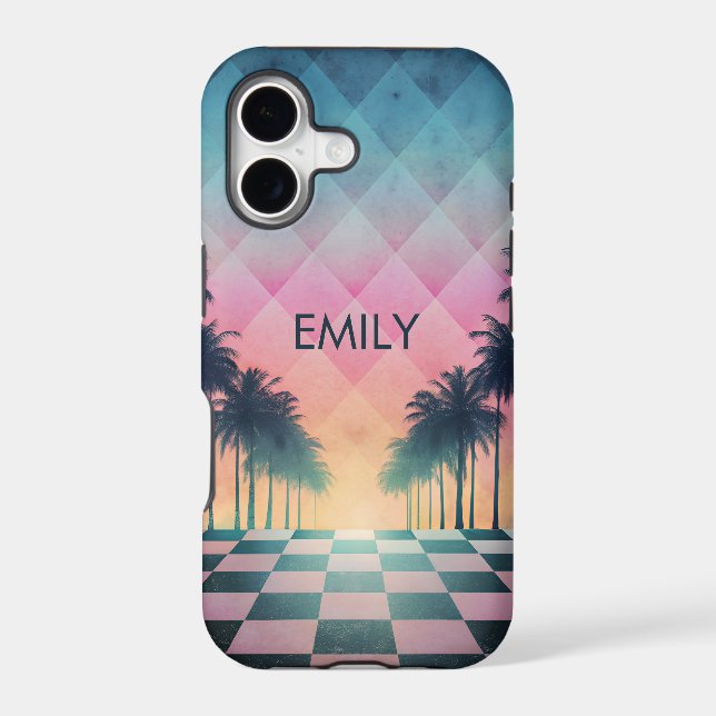 Custom Name Retro Synthwave Sunset Palm Trees Case-Mate iPhone Case (Back)