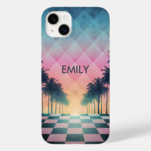 Custom Name Retro Synthwave Sunset Palm Trees Case-Mate iPhone Case (Back)