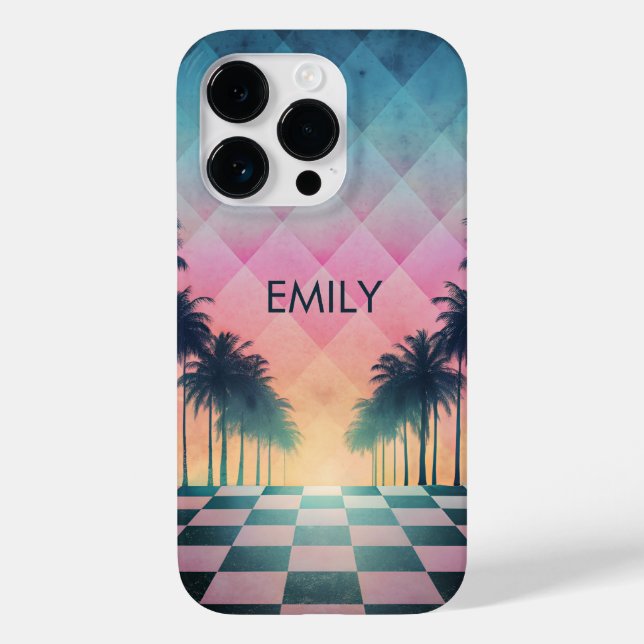 Custom Name Retro Synthwave Sunset Palm Trees Case-Mate iPhone Case (Back)