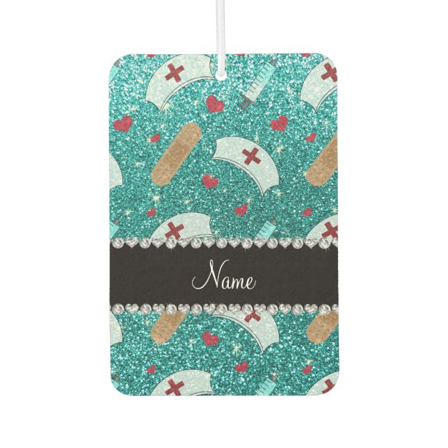 Custom name robin blue glitter nurse hats heart air freshener (Front)