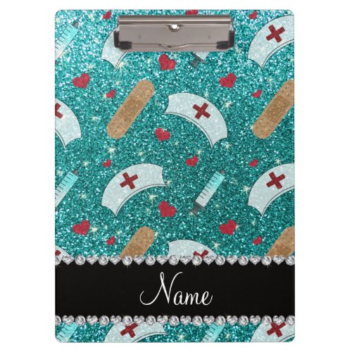 Custom name robin blue glitter nurse hats heart clipboard