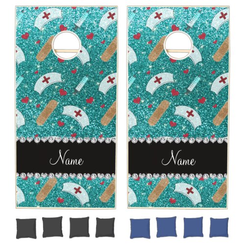 Custom name robin blue glitter nurse hats heart cornhole set