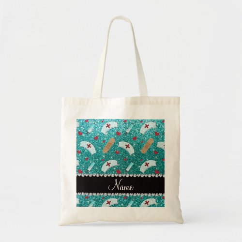 Custom name robin blue glitter nurse hats heart tote bag