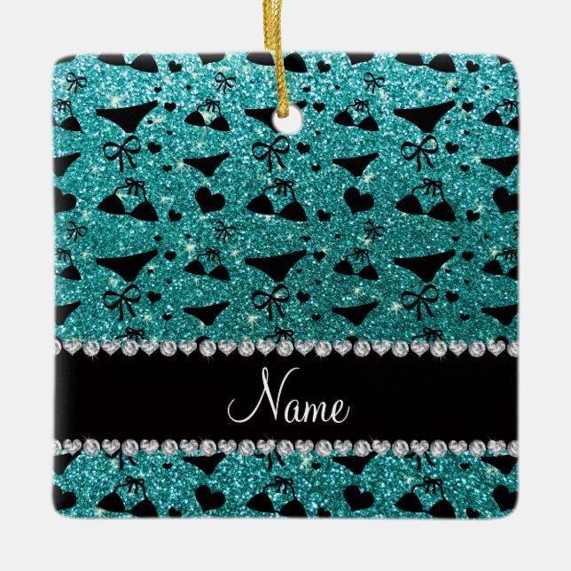 Custom name robin egg blue glitter bikini bows ceramic ornament (Front)