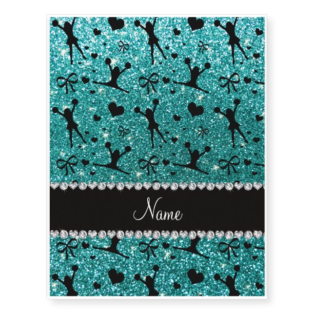 Custom name robin egg blue glitter cheerleading temporary tattoos (Front)