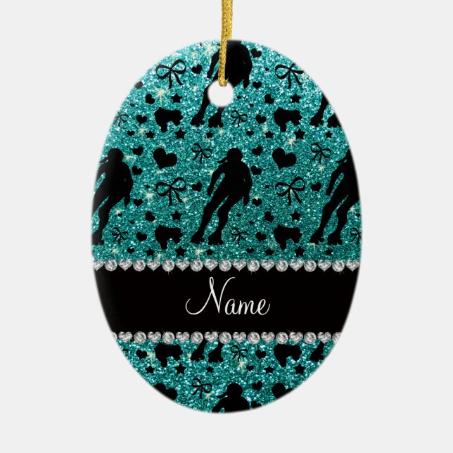 Custom name robin egg blue glitter roller derby ceramic ornament (Front)