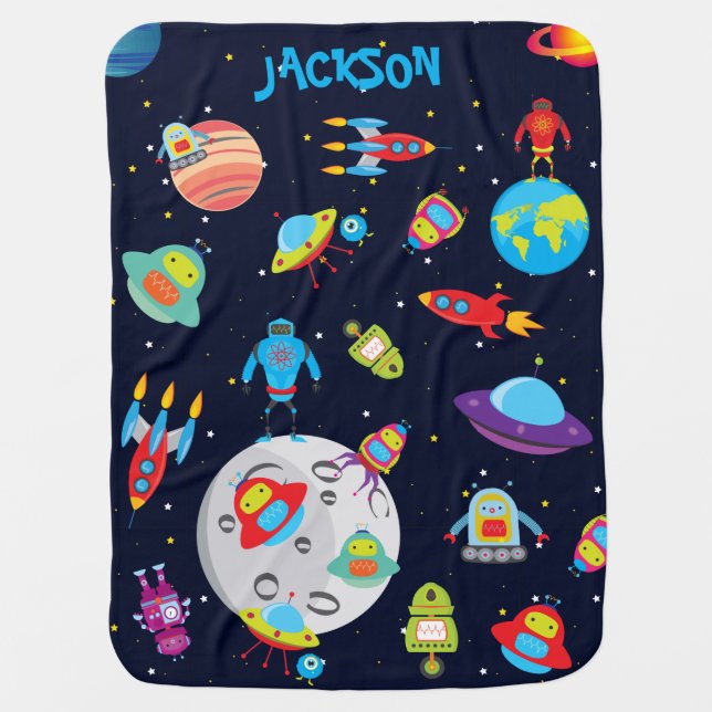Custom Name Robots in Outer Space Stroller Blanket (Front)