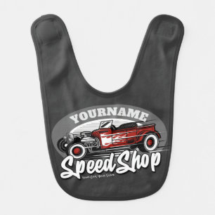 Custom NAME Rockabilly Roadster Speed Shop Garage Baby Bib