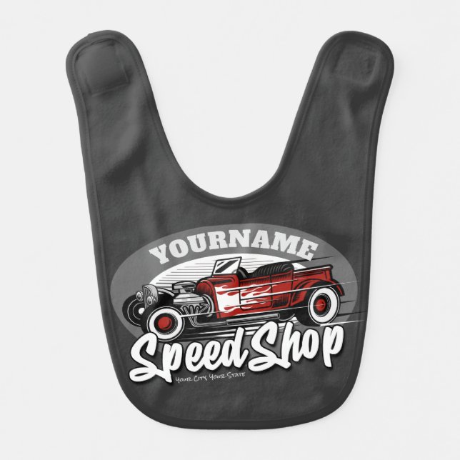 Custom NAME Rockabilly Roadster Speed Shop Garage Baby Bib (Front)